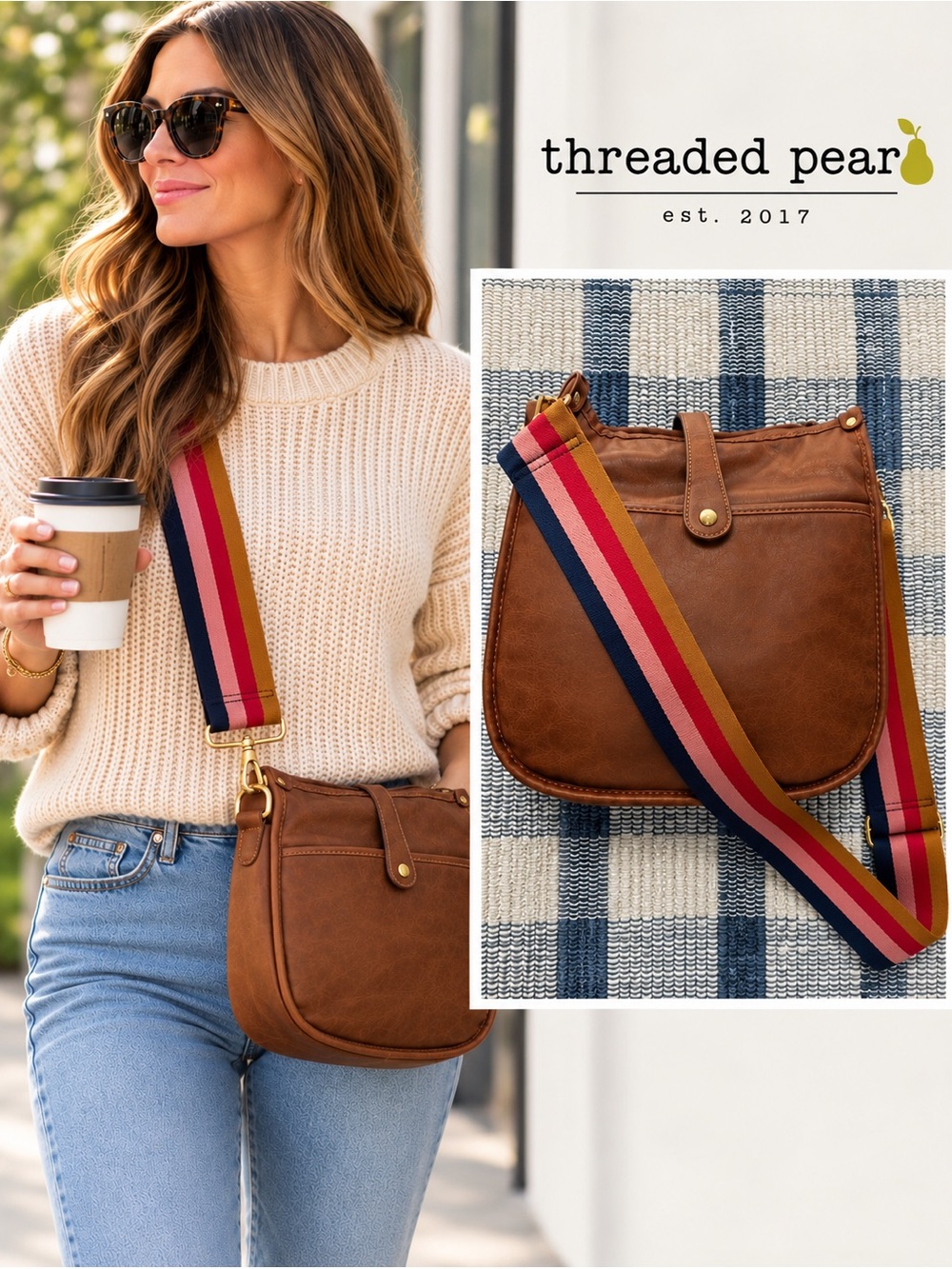 Brown Crossbody Bag with Multicolor Striped Strap